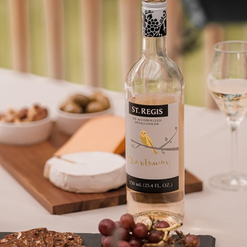 ST. REGIS Non-Alc Chardonnay 25.4 Fl Oz (1 Pack) - Low Calorie and Sugar - Golden Yellow Floral and Fruity Rich Flavor from North of Spain Vineyards -