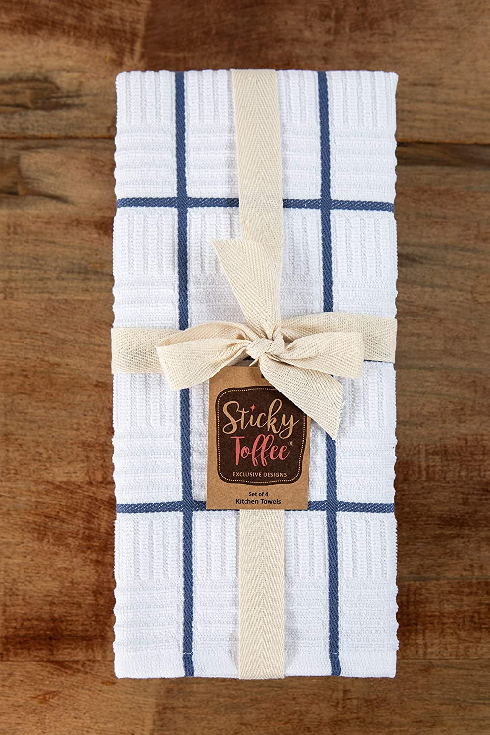 FRKSMD-Cotton Kitchen Towels Set of 4, Dark Blue and White, 28 x 16 in, Absorbent Reusable Tea and Hand Towels, Kitchen Cleaning Cloths