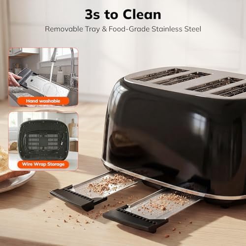 Toaster 4 Slice, Retro Stainless Steel Wide Slot Toaster with Dual Independent Controls, 6 Browning Levels, Bagel, Defrost, Reheat & Cancel, Removable Crumb Tray, Black