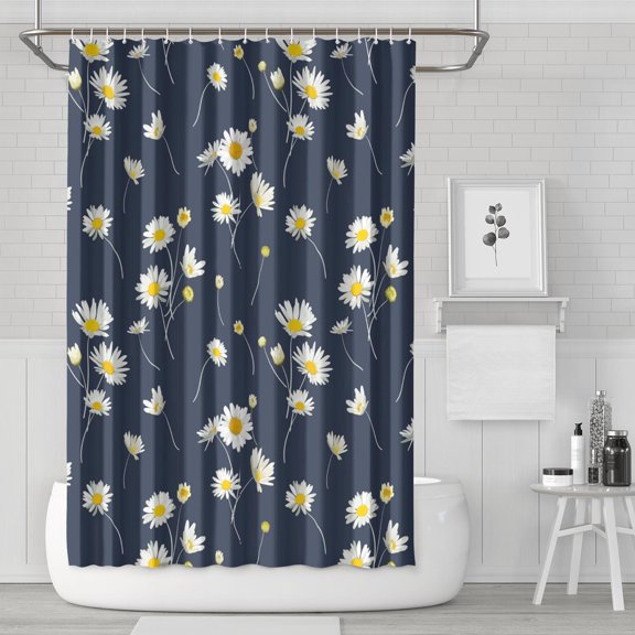 Waterproof Navy Cute Daisy Shower Curtain 72x72 Inch Boho Style Polyester Unique Shower Curtain for Bathroom Hotel Home Decor with 12 Plastic Hooks