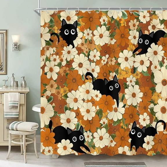 Garden Cat Print Shower Curtain, Colorful Boho Cats Flowers Floral Shower Curtain Sets for Bathroom with Hooks, Aesthetic Cute Cat Shower Curtains Waterproof Fabric Bathroom Curtain,70X70IN