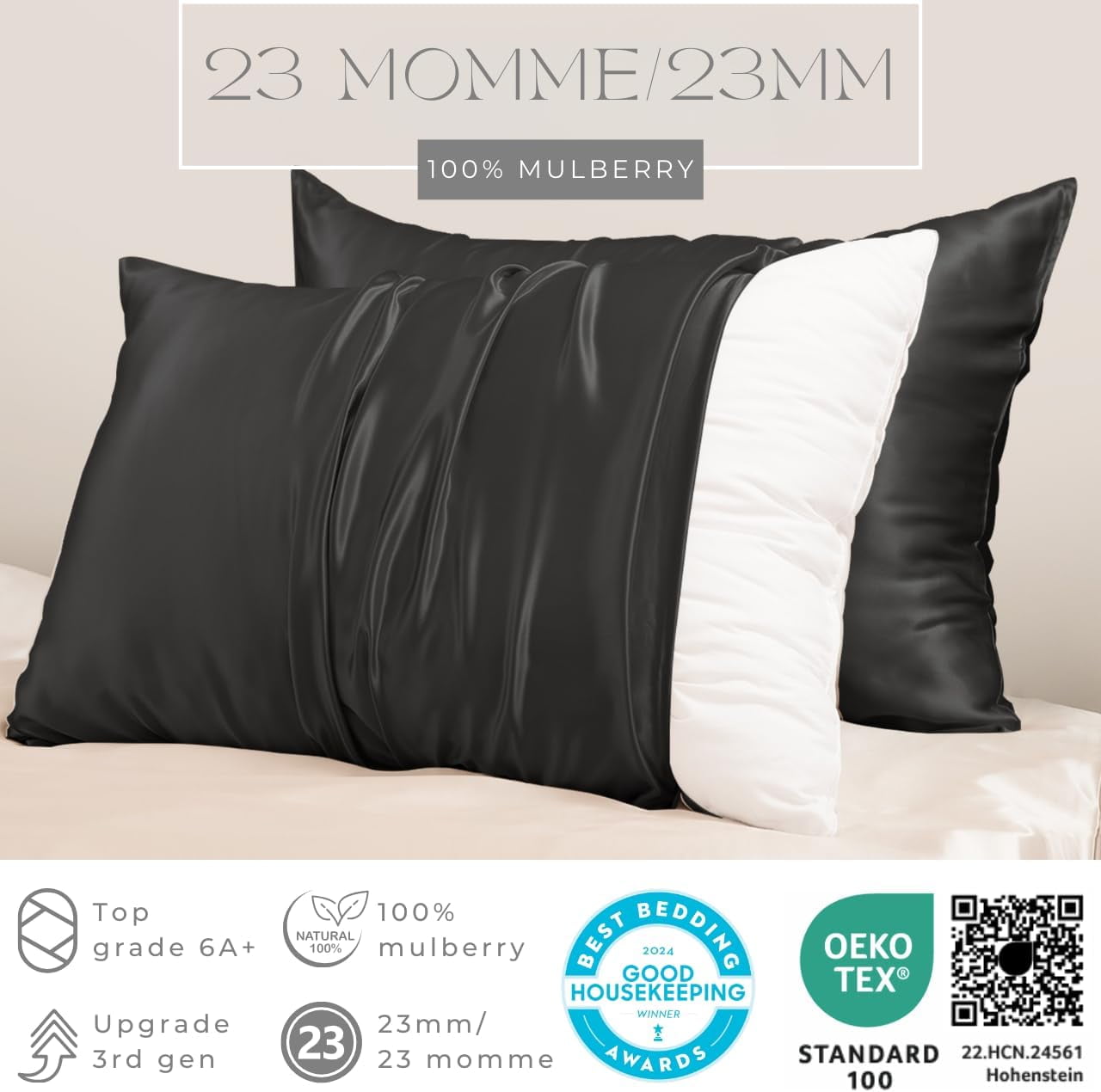 PROMEED 23 Momme Silk Pillowcase 2 Pack with Zipper, 3rd Gen Grade 6A+ 100% Mulberry Silk Pillow Case Set of 2, Cooling Pillow Cases for Hot Sleepers (Standard 20"x26", Black)