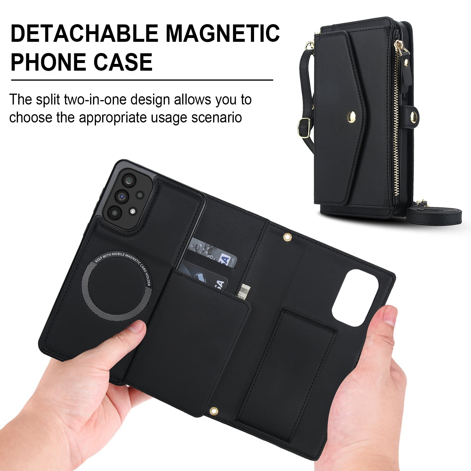 Designed for Samsung Galaxy A14 5G Multi-Function Wallet Phone Case,With Shoulder Strap&Wrist Strap,Cash Pocket&Card Slots,Zipper Purse,Magnetic Detachable PU Leather Flip Phone Case,Black