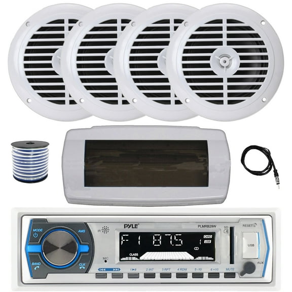 Pyle PLMRB29W Single DIN Bluetooth Marine MP3 AM/FM Stereo Receiver with White Cover, 22" Radio Antenna, Wire, 4x 6.5" 120 Watt Peak Full Range Dual Cone Waterproof Stereo Speakers (White)