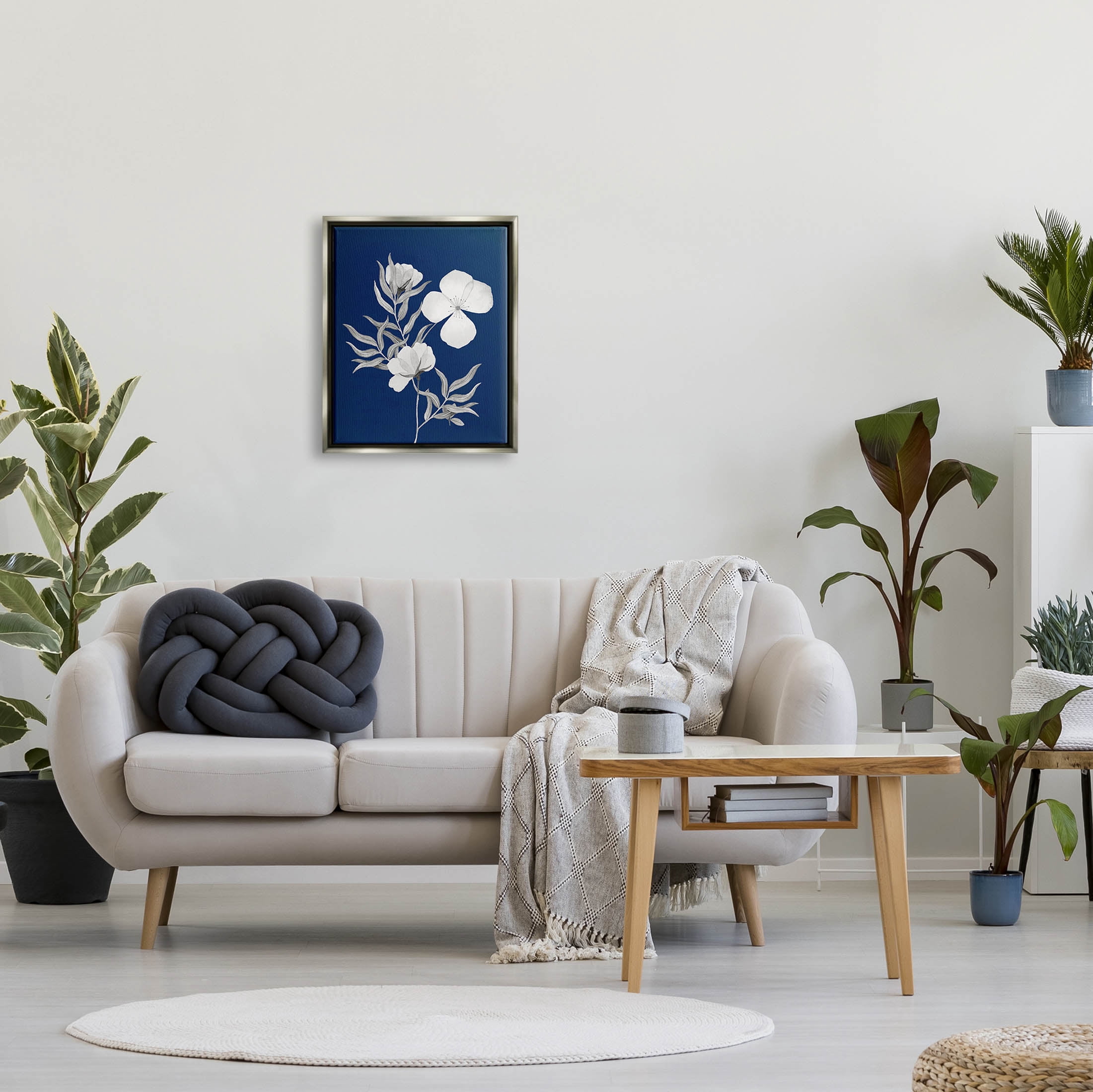 Stupell Industries Bold Floral Sprig Leaves Graphic Art Luster Gray Floating Framed Canvas Print Wall Art, Design by Kourtni Gunn