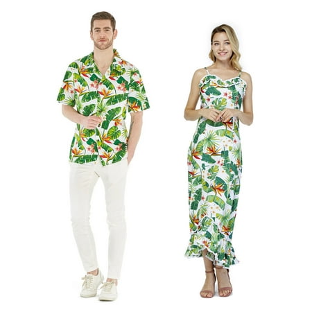 Couple Matching Hawaiian Luau Cruise Outfit Shirt Vintage Dress Bird of Paradise White Men 3XL Women