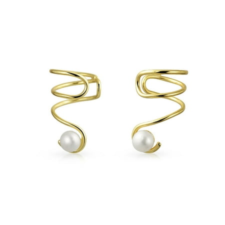 - Spiral Wire White Freshwater Cultured Pearl Cartilage Ear Cuff Wrap Helix Earrings 14K Gold Plated Sterling Silver
