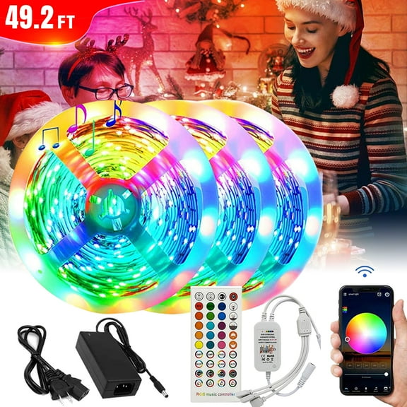 49.2ft Led Lights for Bedroom,Ultra Long Smart Music Sync LED Strip Lights APP Control with Remote RGB Color Changing Led Lights for Room Kitchen Party Home Decoration