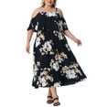 thumbnail image 2 of Agnes Orinda Women's Plus Size Floral Dresses Square Neck Adjustable Strap Cold Shoulder Beach Casual Maxi Sundress 1X Navy Blue, 2 of 5