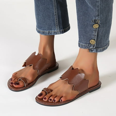 

Aayomet Summer Sandals Ladies Fashion Summer Solid Color Leather Cover Toe Casual Flat Slippers Brown 9