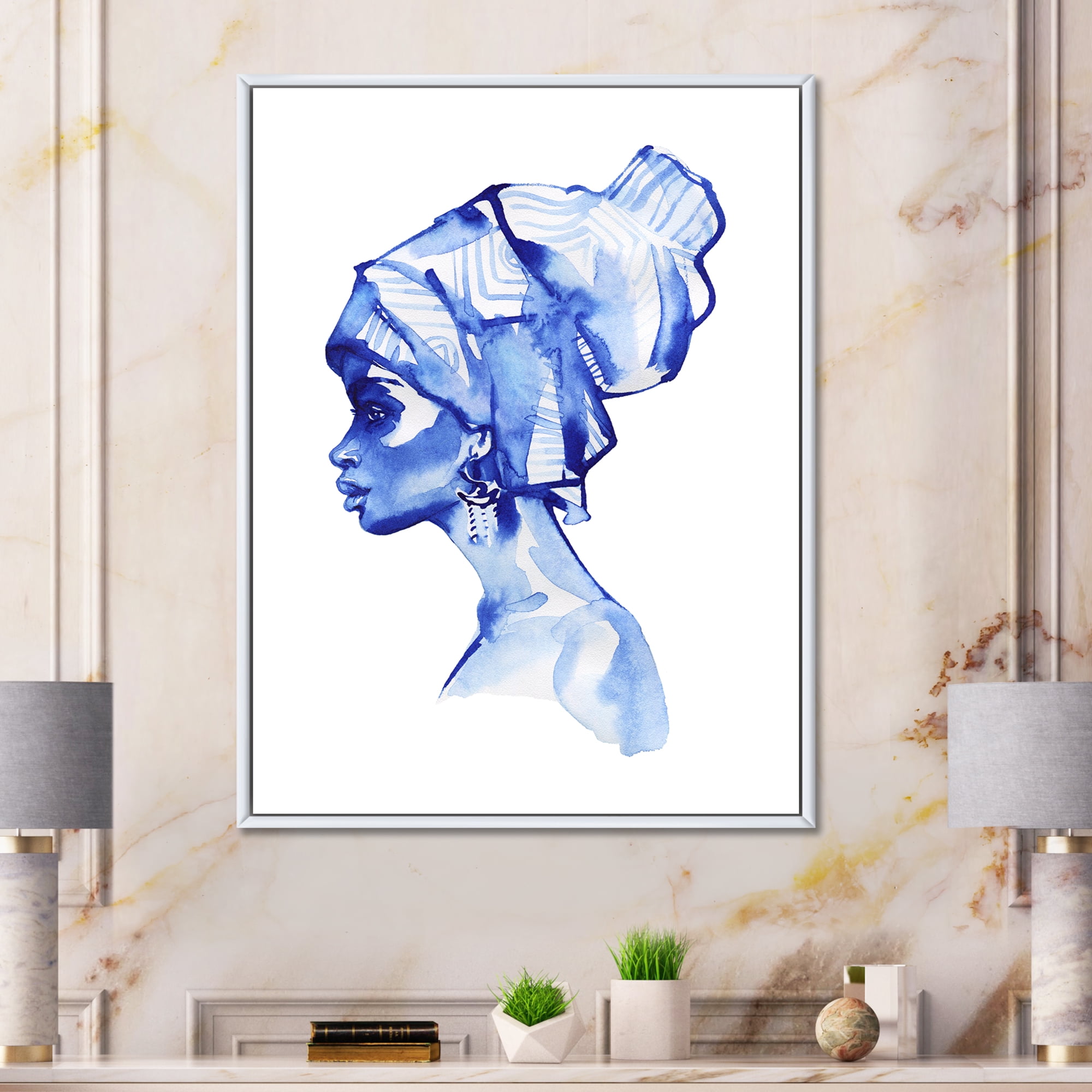 Designart 'Afro American Woman Blue Fashion Portrait' Modern Framed Canvas Wall Art Print