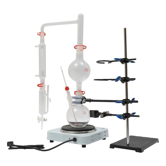 Miumaeov 500ml Essential Oil Distillation Apparatus Lab Glassware Kits with Hot Stove Graham Condenser Separating Funnel Water Distiller Purifier 19/26, 24/29, 29/32 Joints