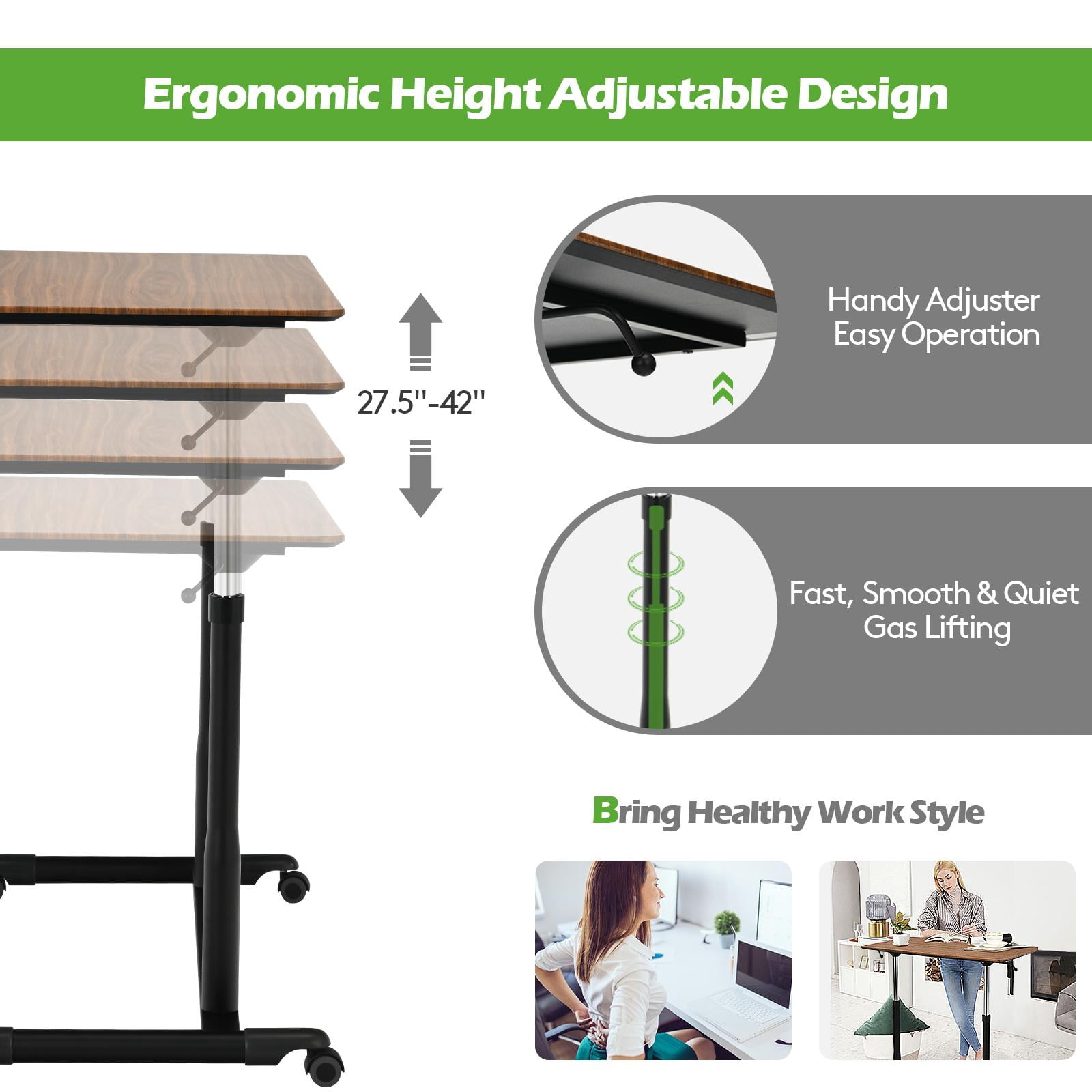 Giantex Mobile Height Adjustable Standing Desk, Compact Pneumatic Sit to Stand Computer Desk w/ Lockable Casters, Ergonomic Rolling Laptop Table for Home Office, Espresso