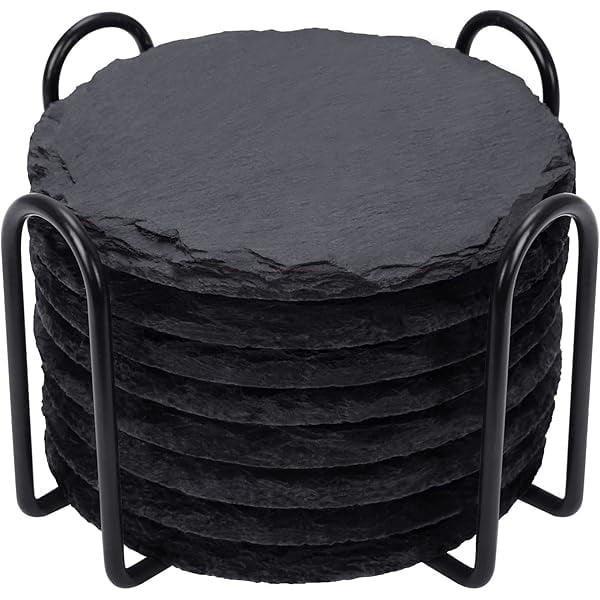 wonima44 Slate Drink Coasters with Metal Holder, Set of 8 Black Coasters, 4 Inch Stone Coaster Set Tabletop Protection for Home Kitchen Apartment Bar Decor Housewarming Gifts Wedding Party, Round