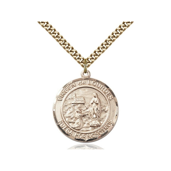 Gold Filled Virgen de Lourdes Pendant 1 x 5/8 inches with Heavy Curb Chain