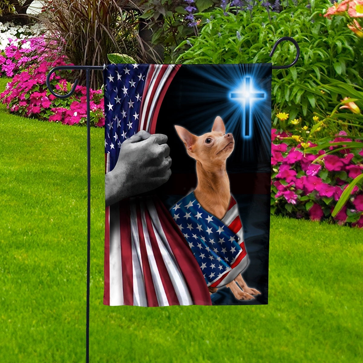 Hand Pulling USA Flag Chihuahua Dog Wearing Flag American Standing under Cross Christian Patriotic House Flag (3x5) Double Sided- Premium Polyester-Decorative Indoor Outdoor Flag