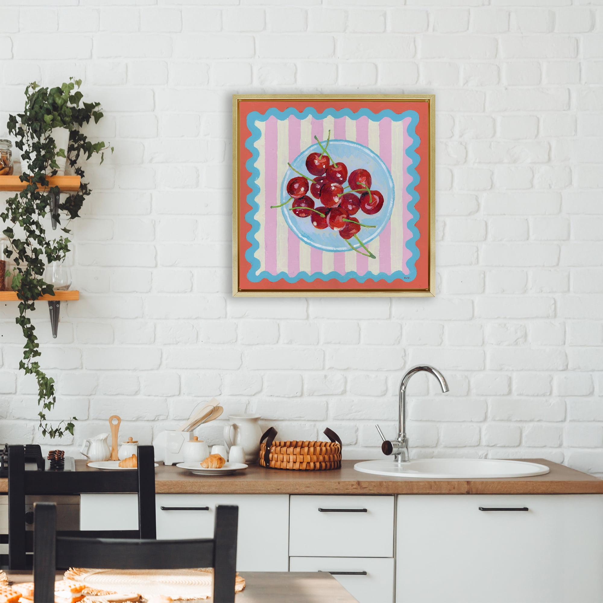 Stupell Industries Red Cherries over Pink Stripes Gold Framed Floater Canvas Wall Art, design by Rachael Reese