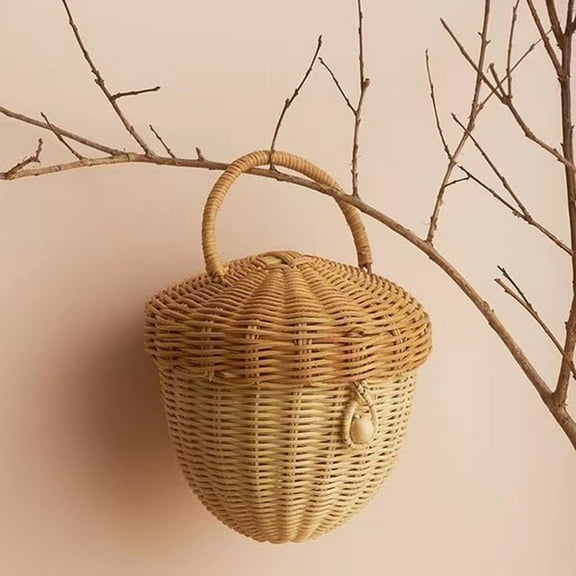 Dserhfy Rattan Woven Basket Bohemian Acorn-Shaped Portable Storage Bag Picnic Basket Sundries Organizer for Photography Prop
