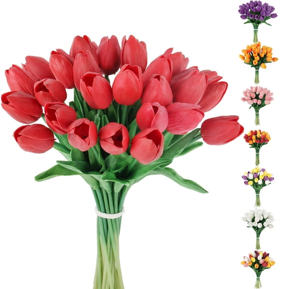 C APPOK 30 Pcs Tulipes Artificielles Fleurs Fausses Tiges de Tulipe en Latex - Toucher Réel Fausses Tulipes Rouges pour Bouquet de Mariage de Pâques Printemps Centre de Table Arrangement Floral Décoration de Table Cimetière