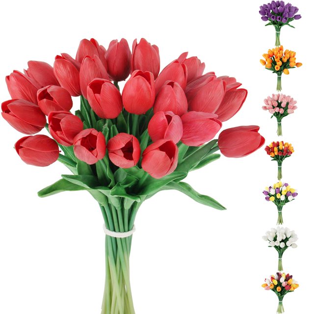 C APPOK 30 Pcs Tulipes Artificielles Fleurs Fausses Tiges de Tulipe en Latex - Toucher Réel Fausses Tulipes Rouges pour Bouquet de Mariage de Pâques Printemps Centre de Table Arrangement Floral Décoration de Table Cimetière