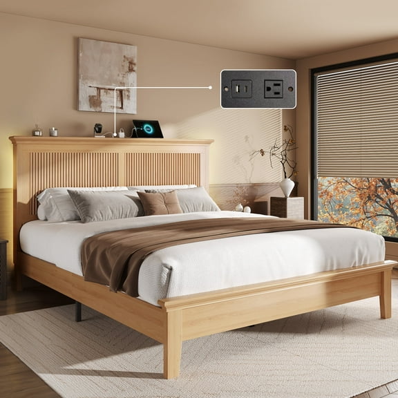 Solid Wood Queen Bed Frame, Platform Bed with High Headboard and Charging Station, Natural