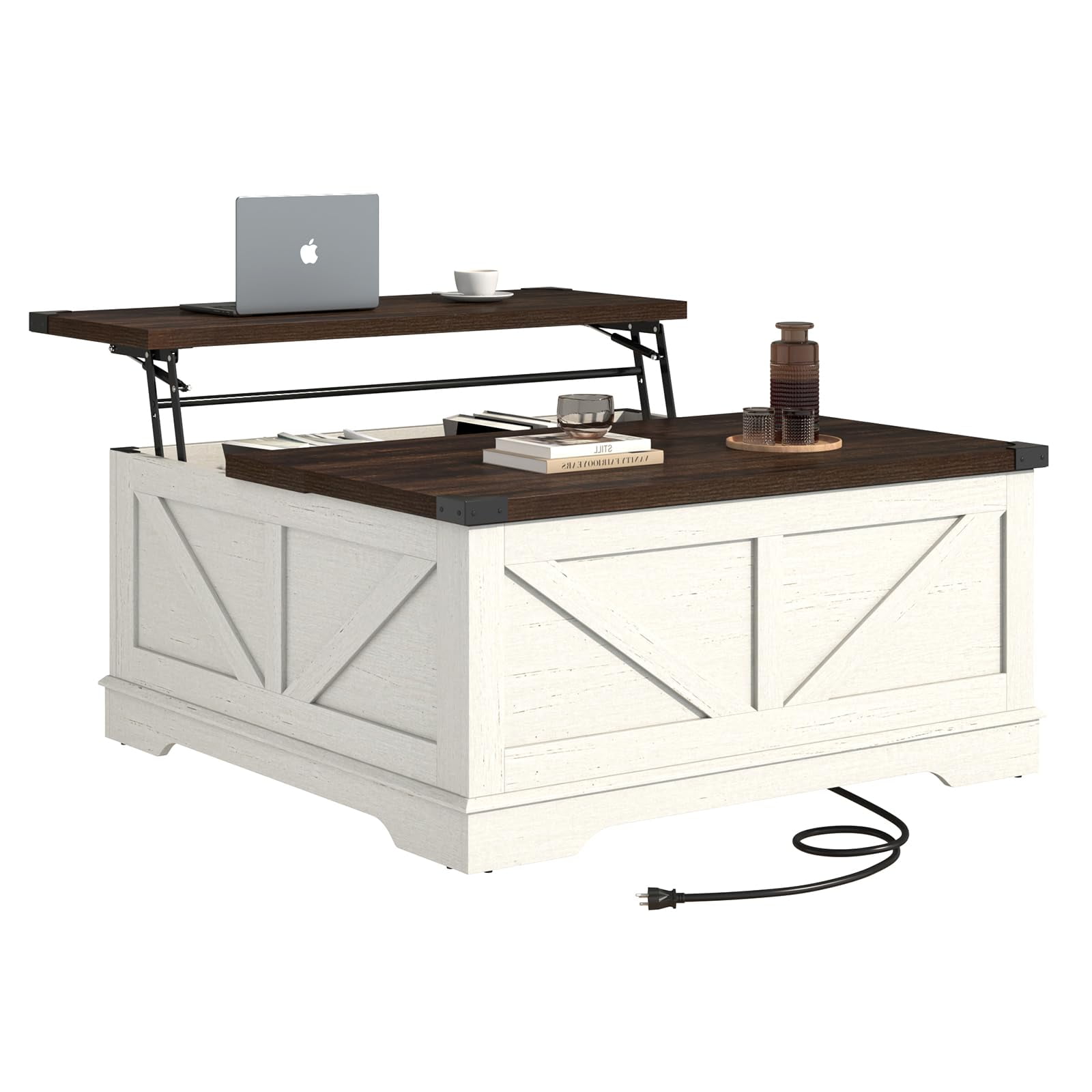 ChVans 40" Large Farmhouse Lift Top Coffee Table with Power Outlets, Square Wood Living Room Table with Large Hidden Storage, Multi-Function Lift Wooden Barn Door Center Table, Rustic White
