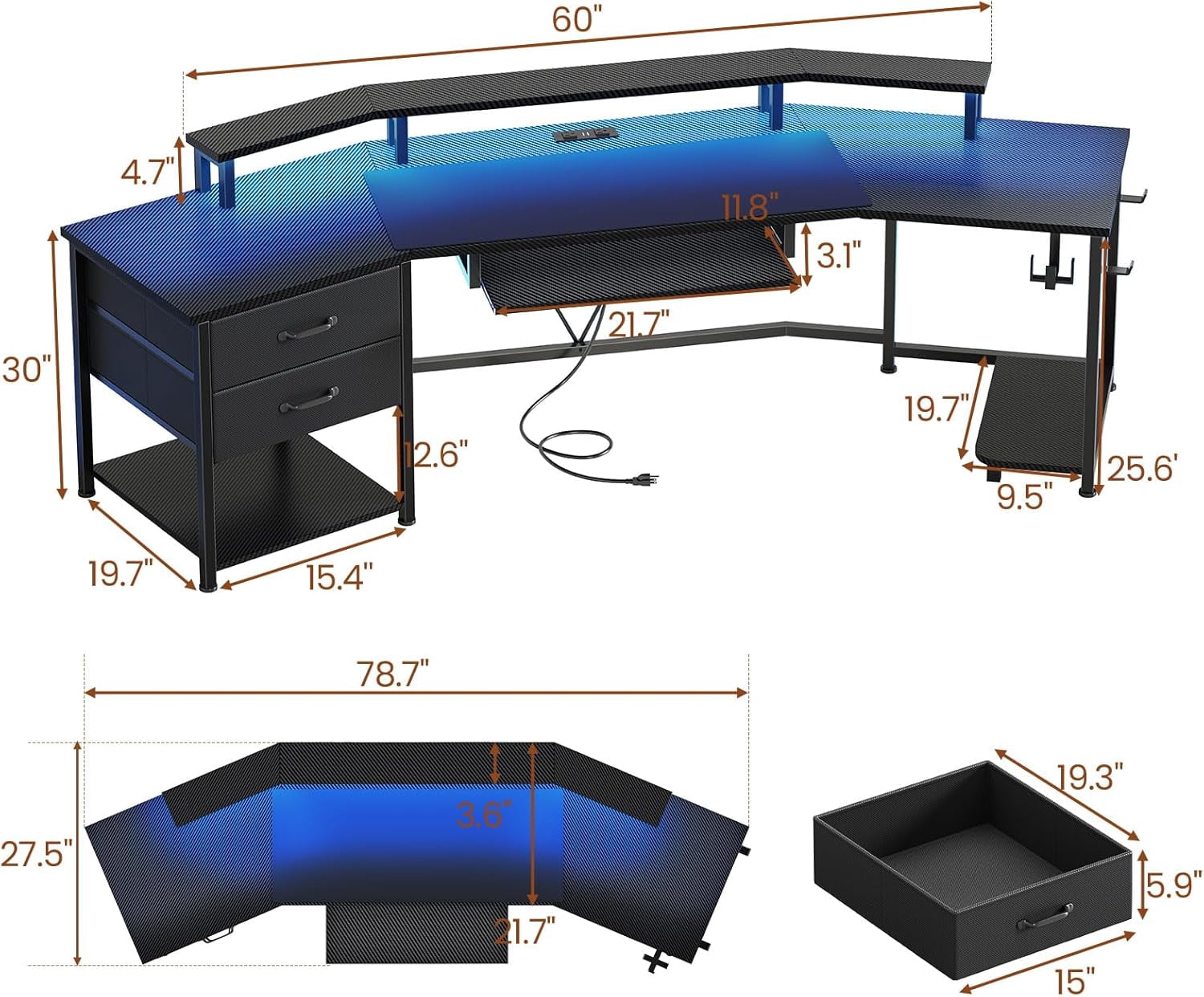 SEDETA 79" Gaming Desk with LED Lights and Power Outlets, U Shaped Desk with Monitor Stand and Drawers, Gaming Table with Keyboard Tray, Cup Holder and CPU Stand for Bedroom, Carbon Fiber Black