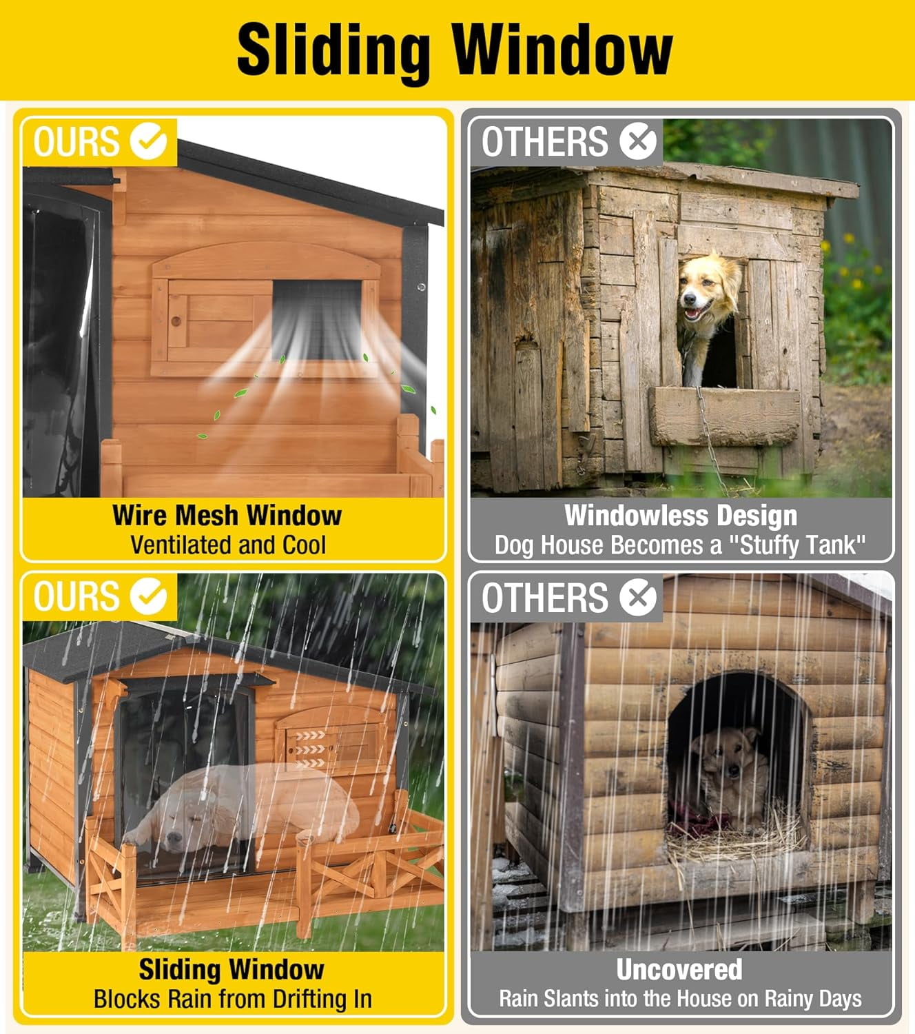 Aivituvin Dog House Outdoor with Anti-Chewing Metal Frame, Wooden Dog Kennel with Sliding Window, Detachable Floor, Weatherproof Roof - Natural