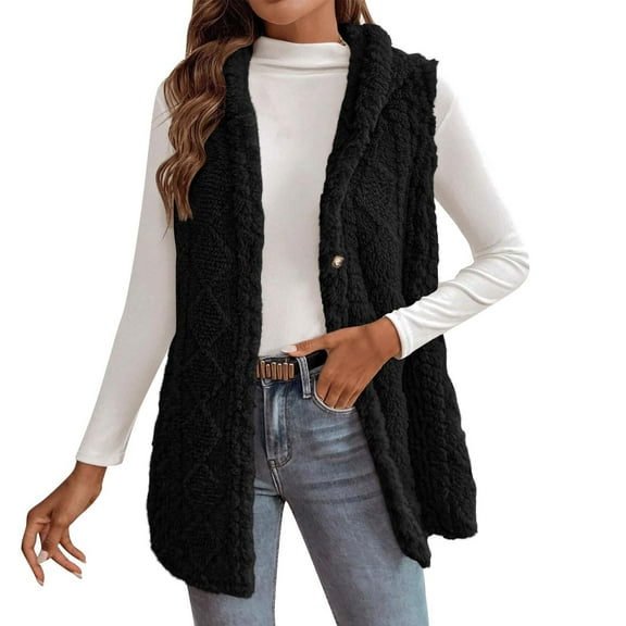 APEXFWDT Women's Fleece Hooded Vest Fuzzy Sleeveless Button-Down Coat Casual Warm Outerwear,L,Black