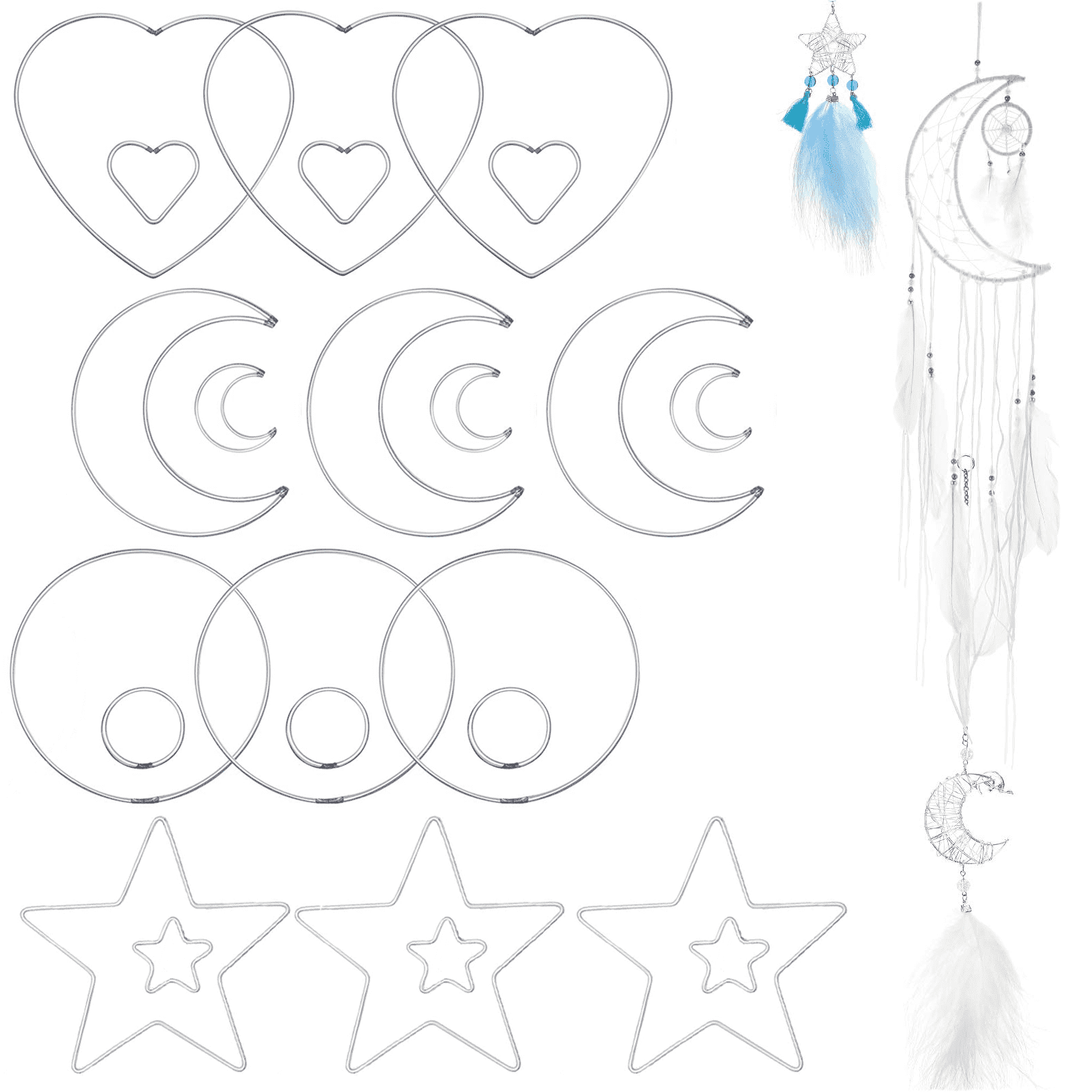 24 Pieces Metal Dream Catcher Rings Circle Heart Star Moon Shaped Macrame Hoop Catcher Rings for DIY Crafts Wedding Wreath Wall Hanging Decor