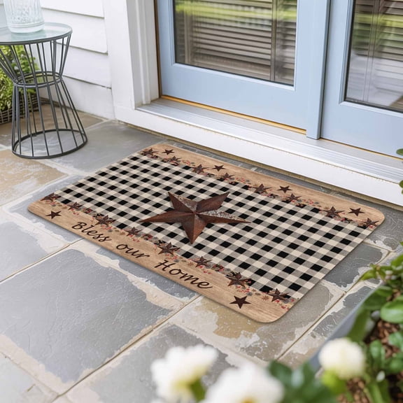 Texas Star Plaid Door Mat Indoor Outdoor, Farmhouse Black Brown Texas Vintage Non Slip Welcome Mat with Rubber Backing, Absorbent Fabric Front Door Mats Entryway Rug for Home Patio Entrance 24"x36"