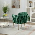 thumbnail image 3 of 27.4"W Accent Chair with Throw Pillow, Velvet Armchair with Handmade Weaving Backrest, Upholstered Reading Chair Single Sofa with Gold Metal Legs for Living Room Bedroom Dorm Room Office, Green, 3 of 7
