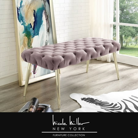 Metal Art Benches Nicole Miller Asinine Lilac Velvet Bench - Diamond Button Tufted | Gold Metal Round Tapered Legs | Luxury ()