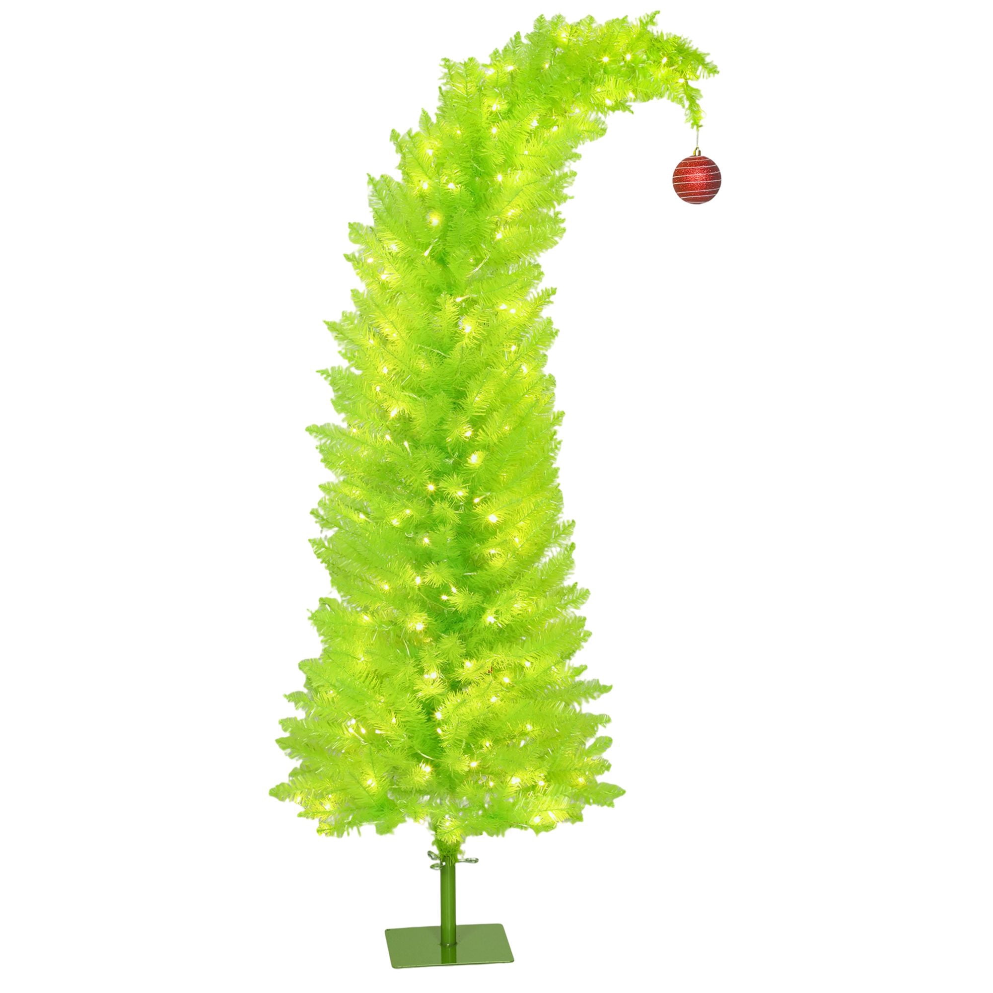 5 ft Prelit Pencil Christmas Tree with Bent Top, Red Ball Ornament, 200 Warm White LED Lights, 438 Tips, Metal Base, Indoor Holiday Decor for Small Spaces