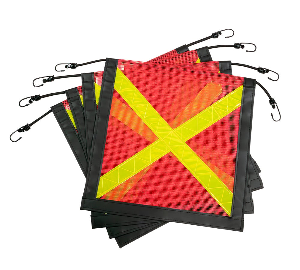 4 Pack Red Safety Flag with Bungees Cord DOT Compliant - 18 Inch x 18 Inch Reflective High Visibility X - Black Leather Webbing Mesh Warning Flags