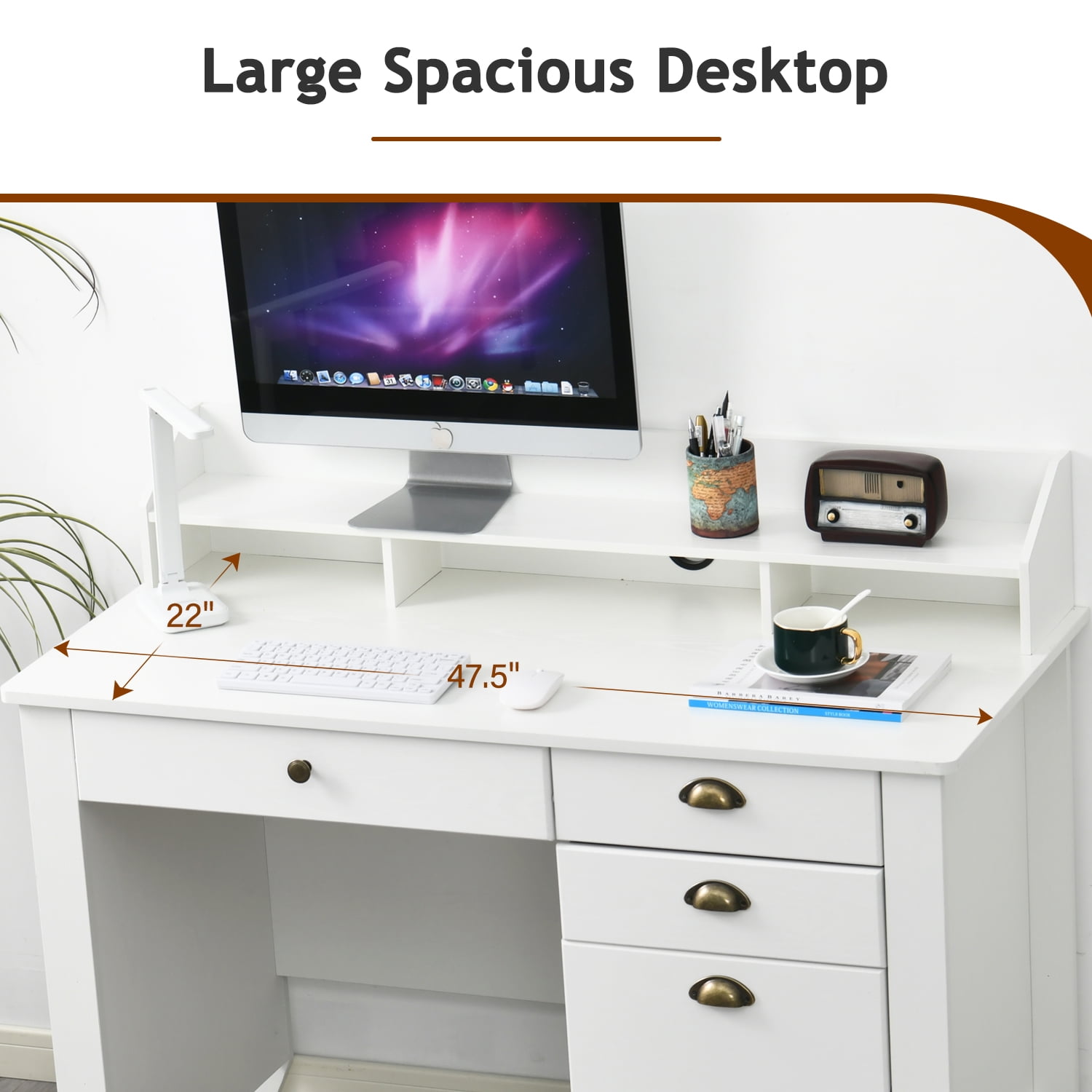 Catrimown Computer Desk with Drawers, 47.5 in White Desk with 4 Drawers, Home Office Desk with Monitor Stand, White