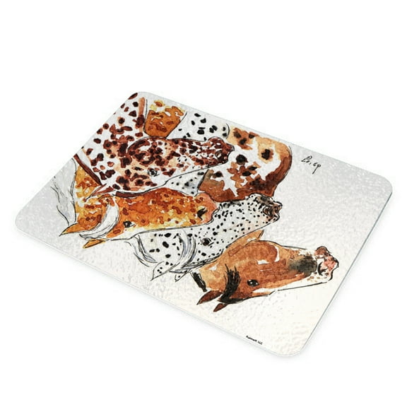 KuzmarK Glass Cheese Cutting Board 11"x7.75" - Four Appaloosa Horses Equine Art by Denise Every
