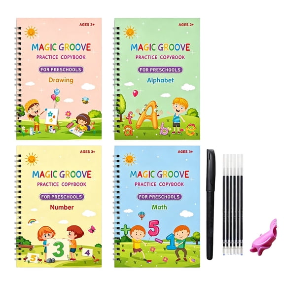 Reusable Magic Practice Copybook, 4-Pack 5x7 Inch Groove Handwriting Aid, for Early Childhood Learning and Home Handwriting Practice, bldnkj