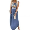 Marsmo Spring Summer Good Vibes Rainbow Maxi Dress Womens Sleeveless Graphic Beach T Shirt Dresses(Blue,XL)