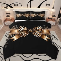 Castle Fairy Teens Female Cheetah Print Ribbon Bow-Tie Bedding Comforter Set 2pcs,Old Fashion Leopard Print Twin Comforter Sets Microfiber,Bling Glitter Breathable Bedding Set,Super Cozy Room Decor