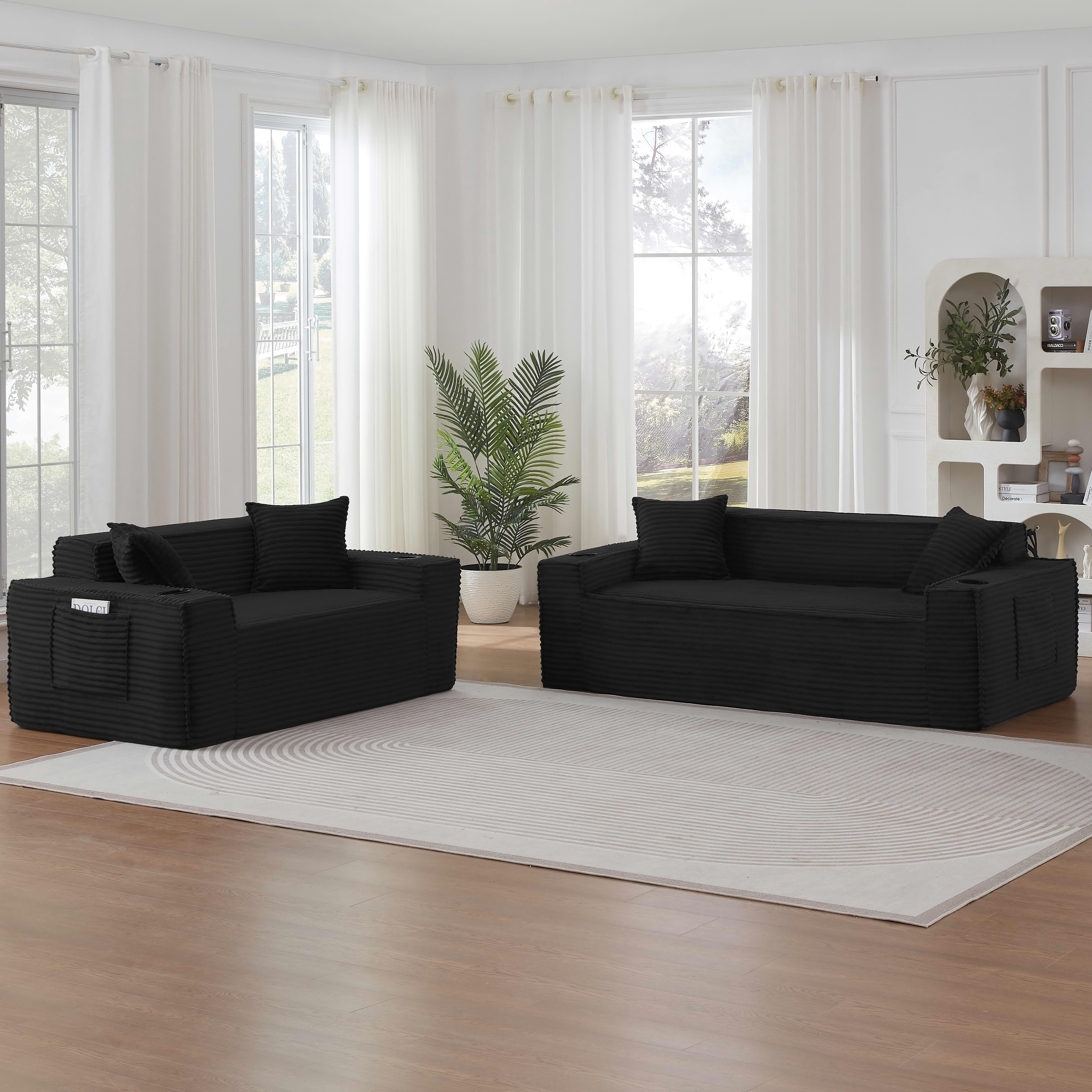 MAYEERTY Minimalist Corduroy Couch, 1-Seater Boneless Sofa with Side Pockets & Cup Holders for Apartments/Offices, Black