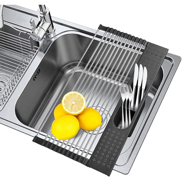 Rejilla de secado de platos enrollable sobre el fregadero: 17.3''x11'' Rejilla de secado de platos utensilios Escurridor de platos de acero inoxidable plegable para cocina Vegetales Frutas Negro oso de fresa Hogar