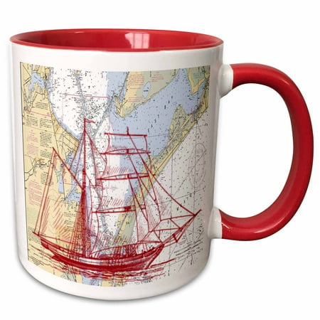 3dRose Print of Galveston Bay Nautical With Sailboat - Two Tone Red Mug,