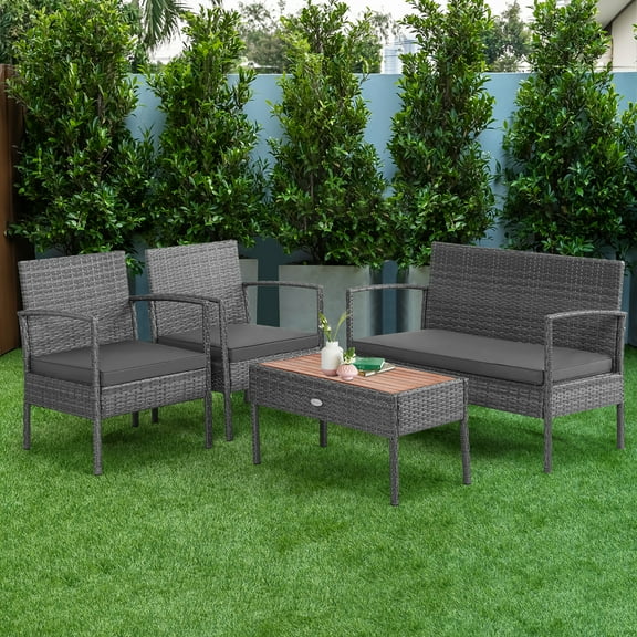 Costway 4-Piece Rattan Patio Furniture Set with Cushioned Chairs and Wooden Tabletop, Gray