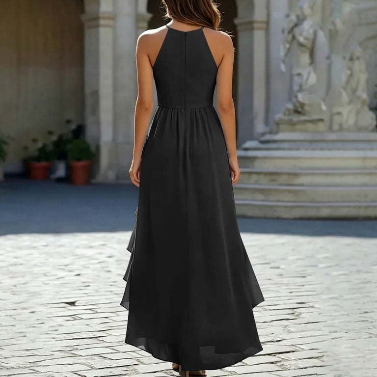 Halter Ruffle Maxi Dress For Women Sleeveless Asymmetrical Hem Dresses Casual Summer Wedding Guest Party Flowy Swing Dresses