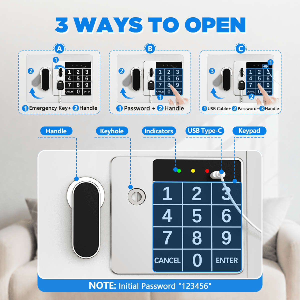 SYSENFO 0.25 Feet Cubic Safe Box, Money Lock Safes with Digital Keypad, USB Cable and Sensor Light, Security Safe for Home Office Hotel (White)