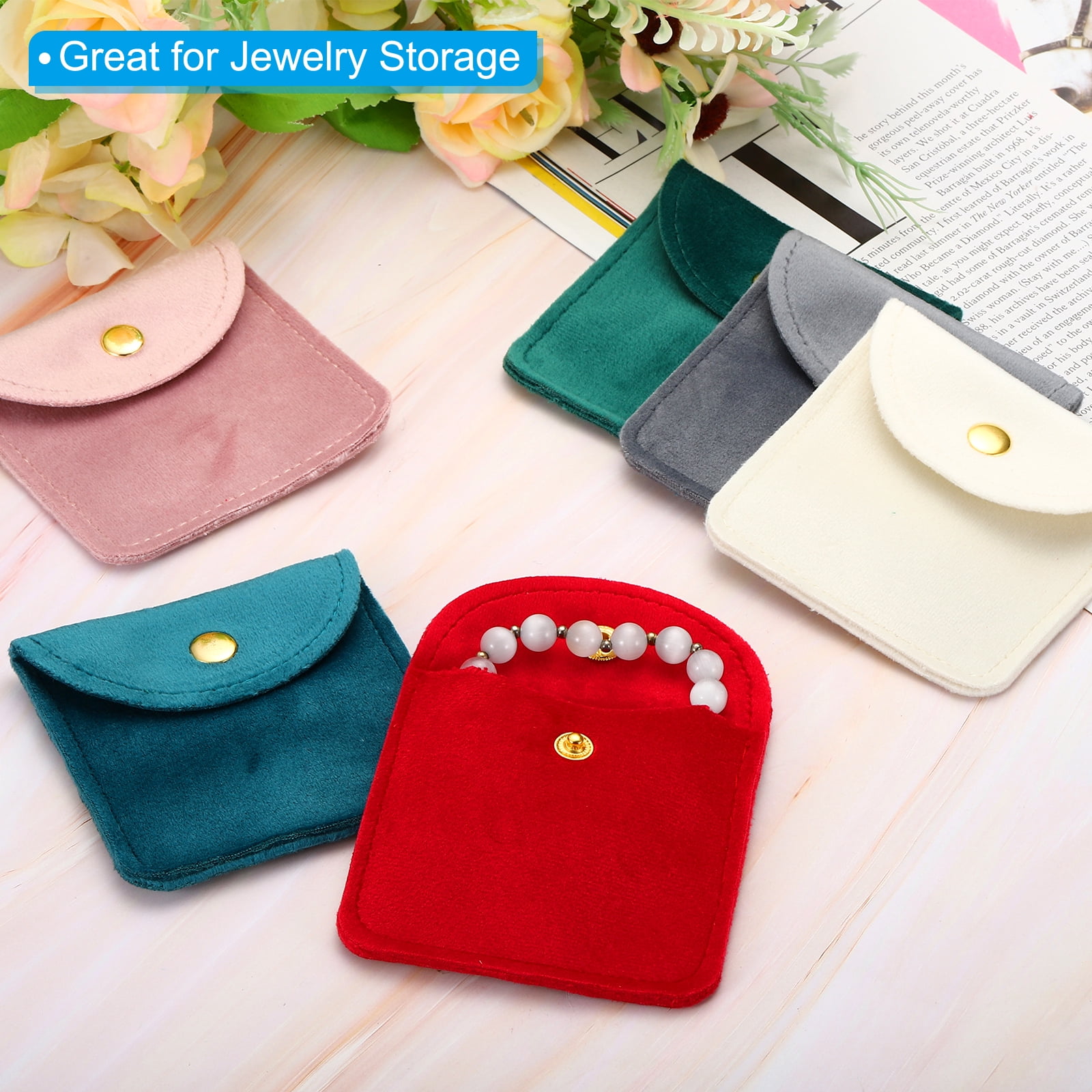 Unique Bargains 8pcs Velvet Jewelry Pouches with Snap Button Pink