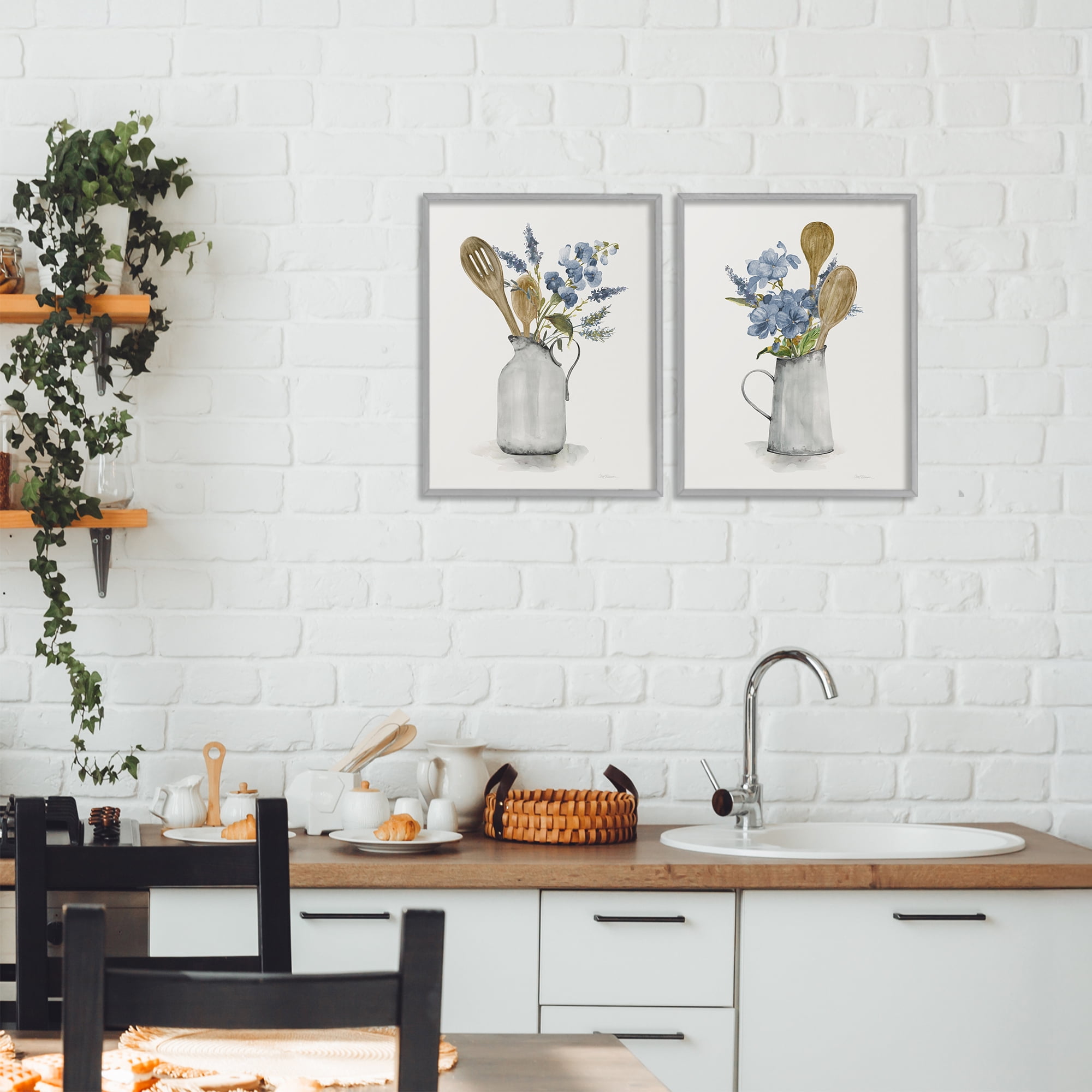 Stupell Industries Kitchen Pitcher Bouquets 2 Piece Gray Framed Giclee Art Set, design by Carol Robinson