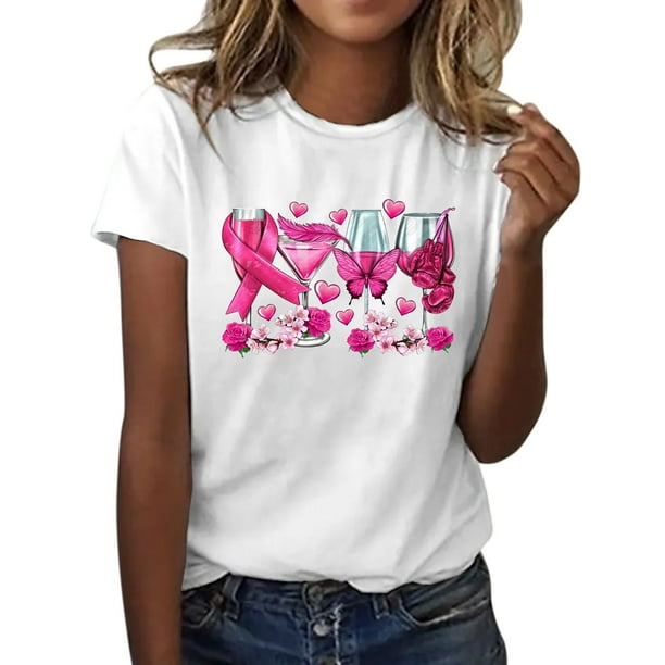 Gibobby Playera de Verano para Mujer Camiseta manga corta con estampado copa cinta concientizacion sobre el cancer mama para mujer Blanco G Bodega Aurrera en linea