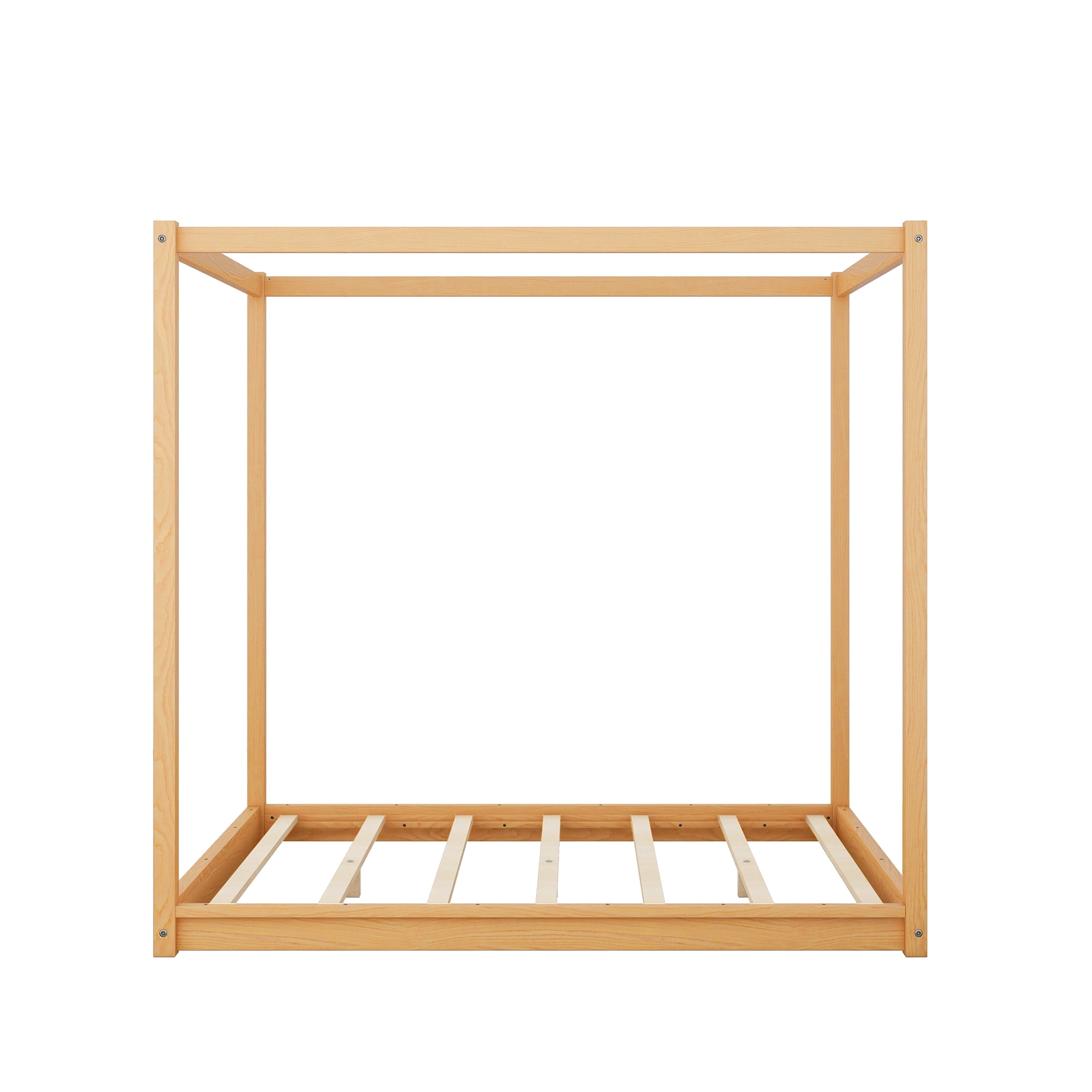 Wood Queen Size Canopy Platform Bed with Support Frame for Bedroom, Natural